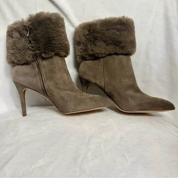 NIB Sam Edelman Oleana Suede Faux Fur Trim Stiletto Booties Flint Grey - Picture 7 of 13